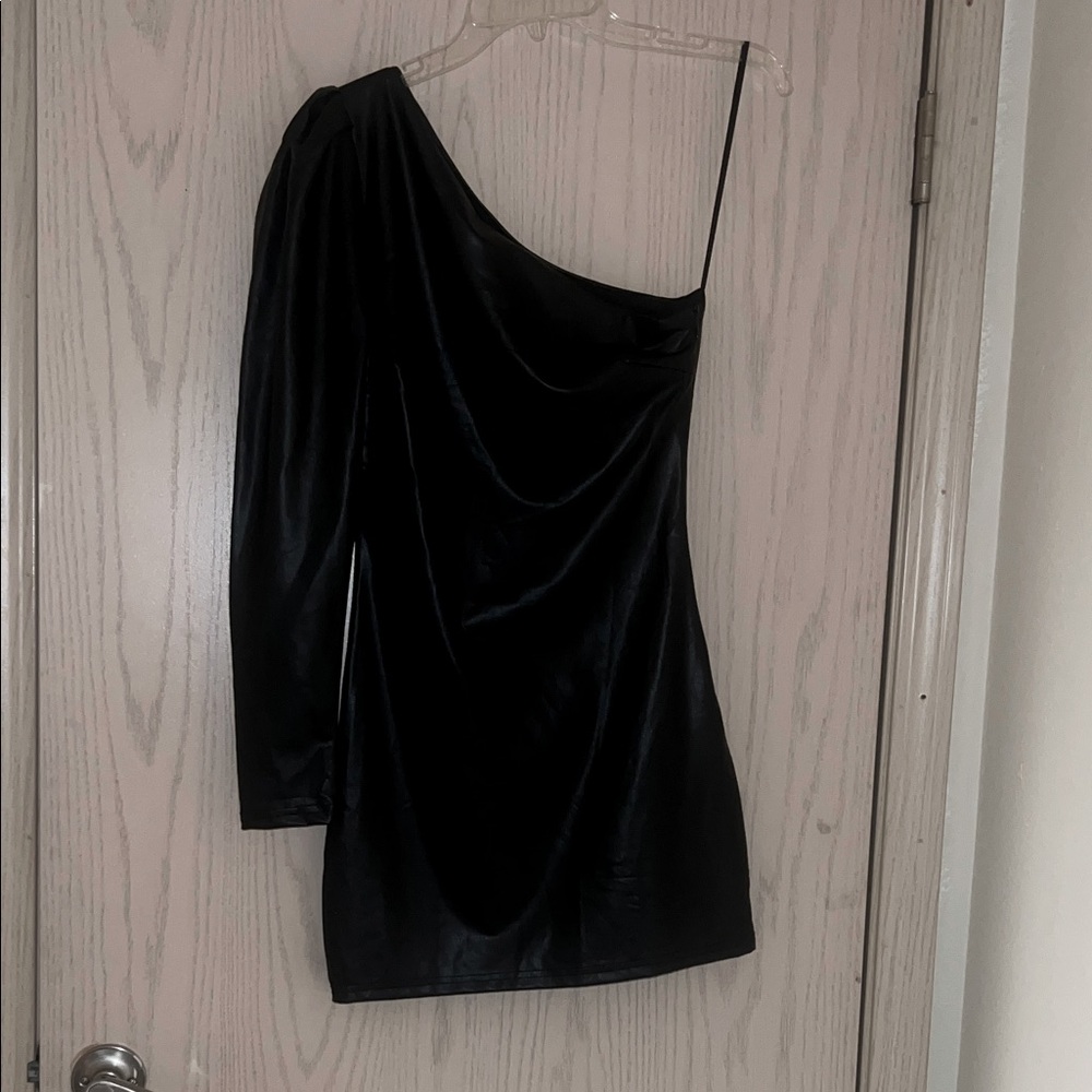Karlie Black One-Shoulder Pleather Long Sleeve Dress